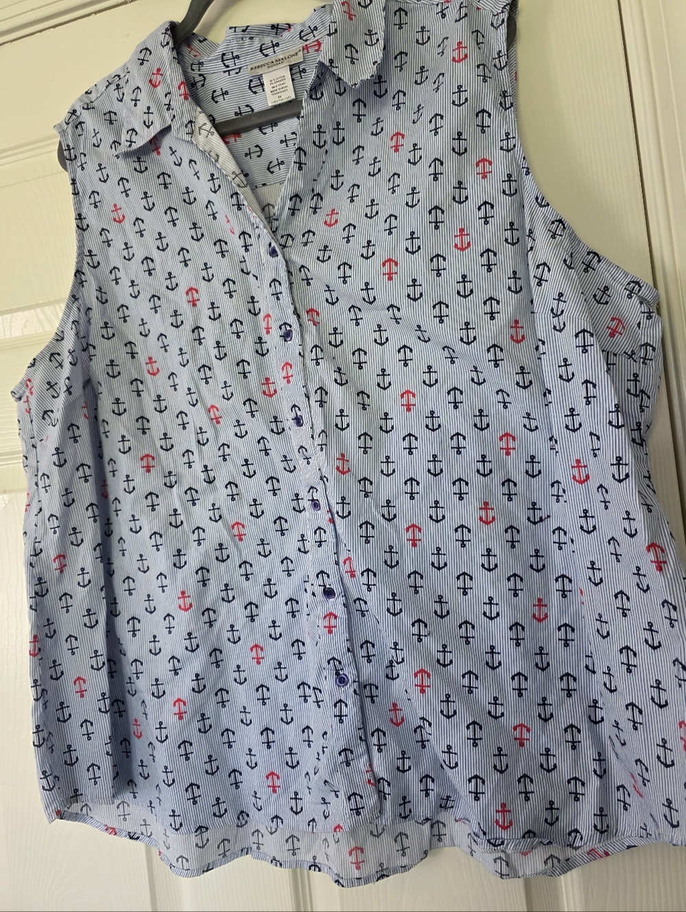 Rebecca Malone Women 3X Top Blue Striped Anchor Nautical Sleeveless Button Up